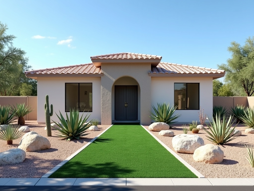 Las Vegas front yard with artificial turf and desert landscaping